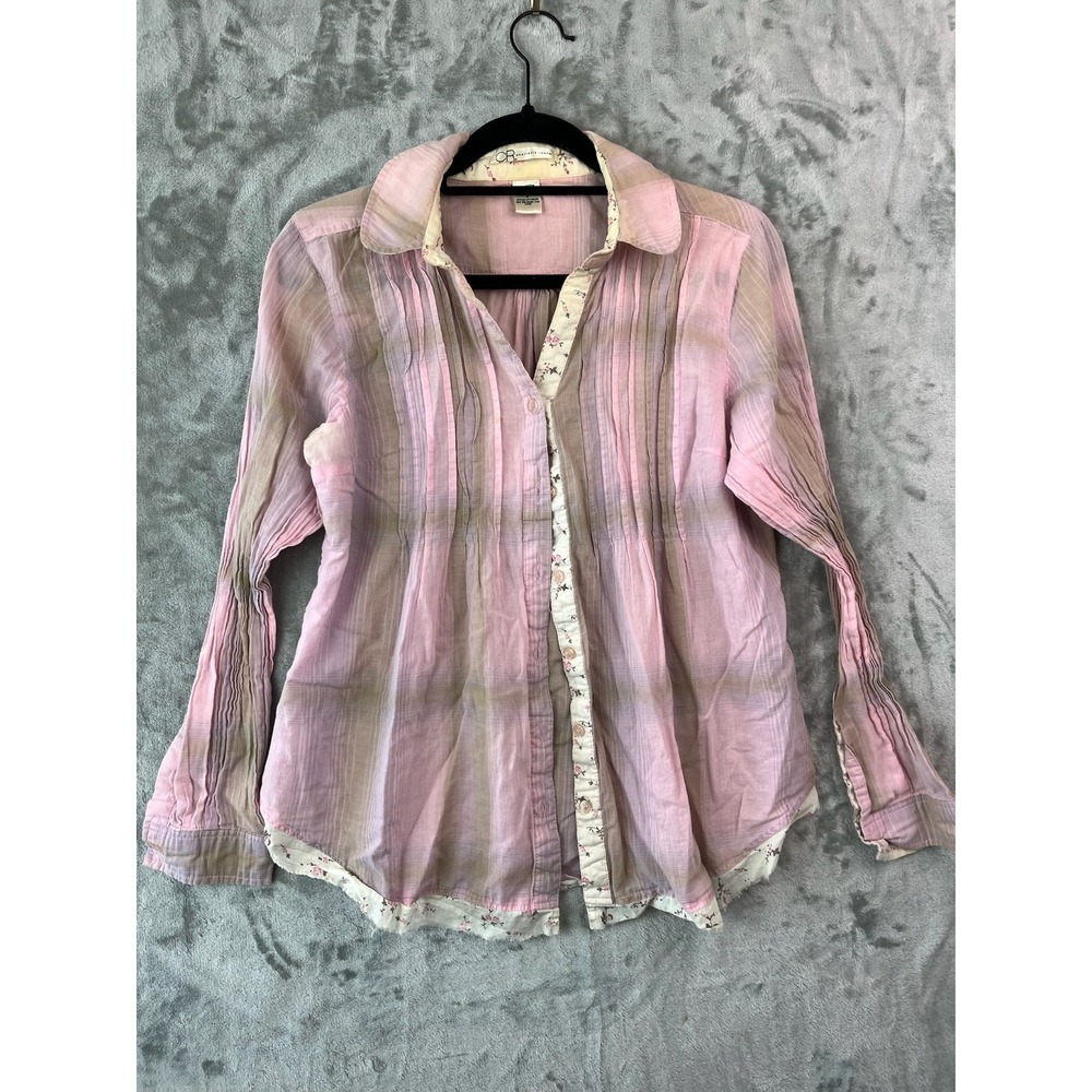 Charlotte Russe Plaid Long Sleeve‎ V-Neck Women's Button Down Blouse Top Sz SM